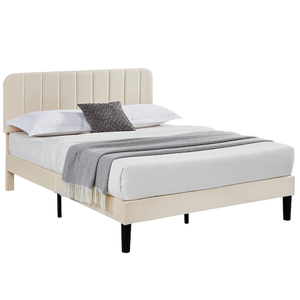 Upholstered Bed Frame, Queen Platform Bed Frame with Adjustable Headboard, Strong Wooden Slats Support, Beige