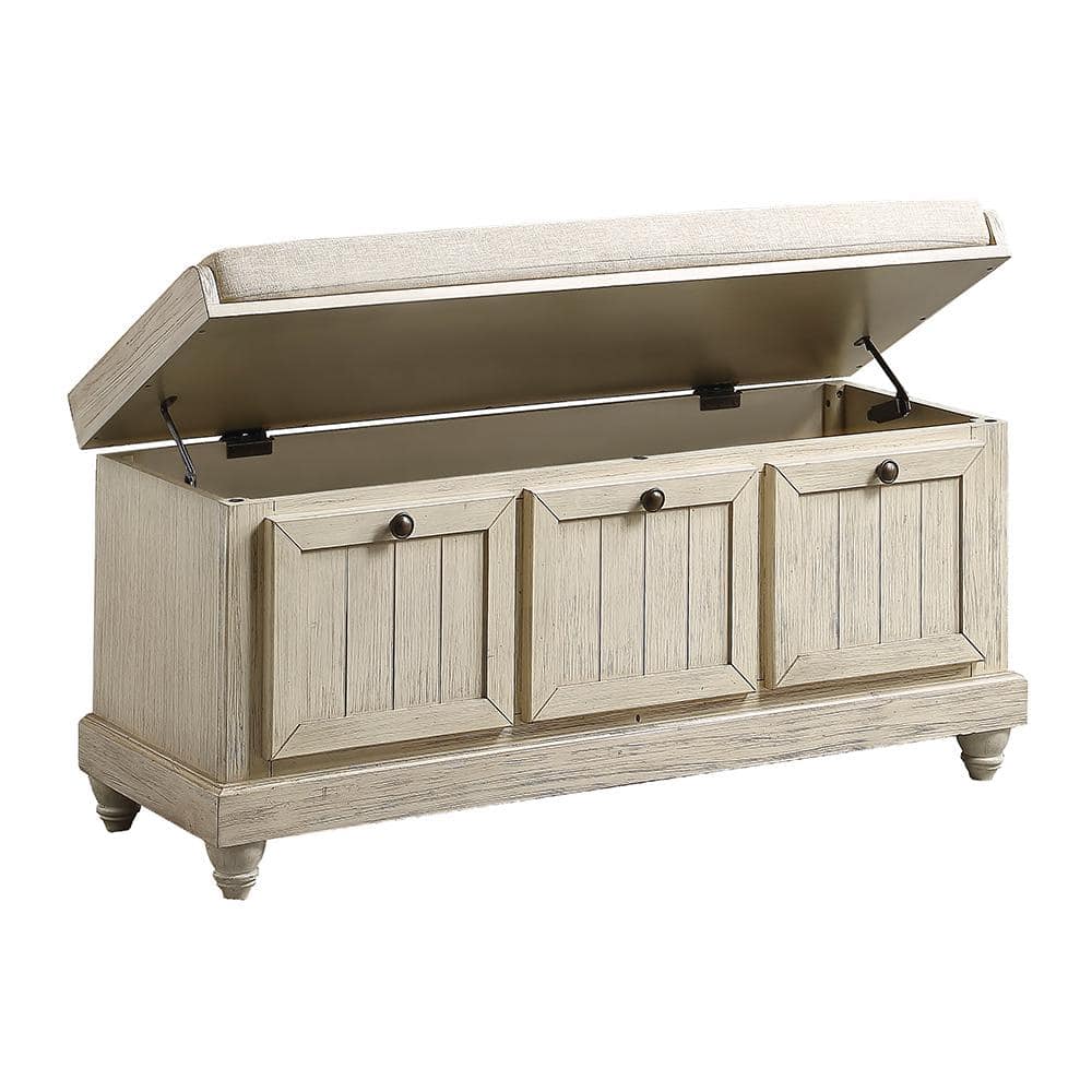 Distressed White Wood Storage Bench with Gray Cushion