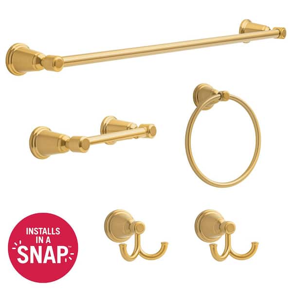 Foundations Design Series Traditional Bathroom Set 24 in. Towel Bar, Toilet Paper Holder, Ring, (2) Hooks Brushed Gold
