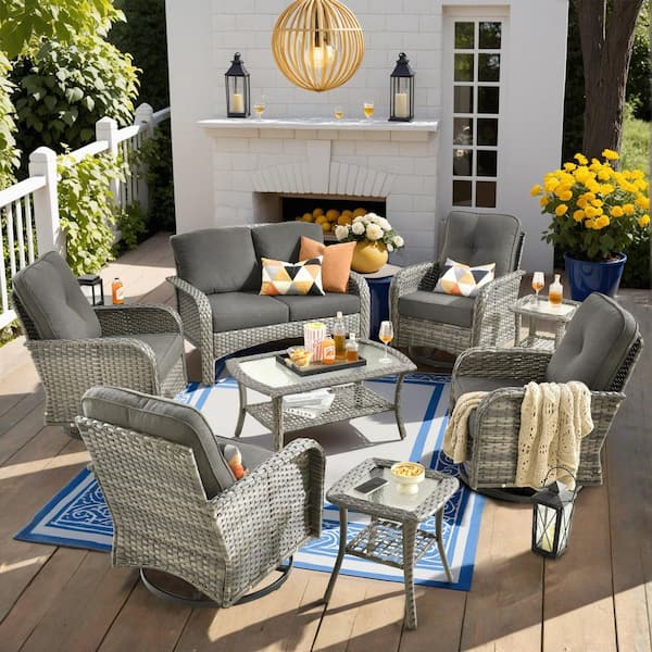 Toject Denali Gray 8-Piece Wicker Patio Conversation Sofa Seating Set with Swivel Rocking Chairs and Black Cushions