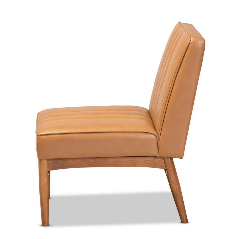 Tan Faux Leather and Walnut Wood Low Arm Chair