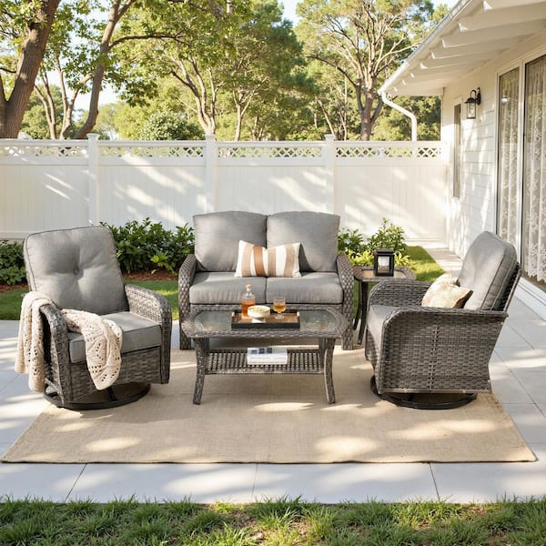 Ada Gray 5-Piece Wicker Outdoor Patio Conversation Sofa Loveseat Set with Swivel Chairs and Dark Gray Cushions