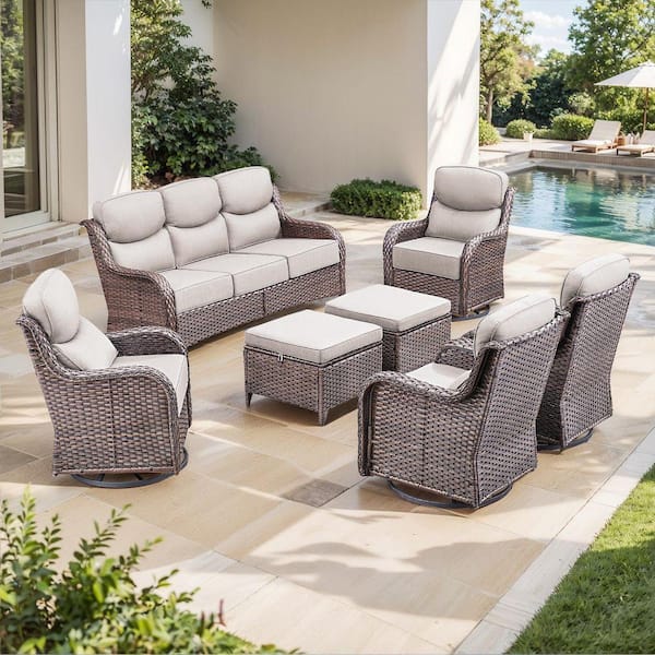 NovaSwivel Brown 7-Piece Wicker Patio Conversation Swivel Glider Set Outdoor Seating Set with 6 in. Beige Cushions