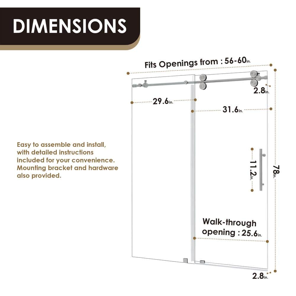 60" x 78" Nickel Frameless Sliding Shower Door with Clear Glass