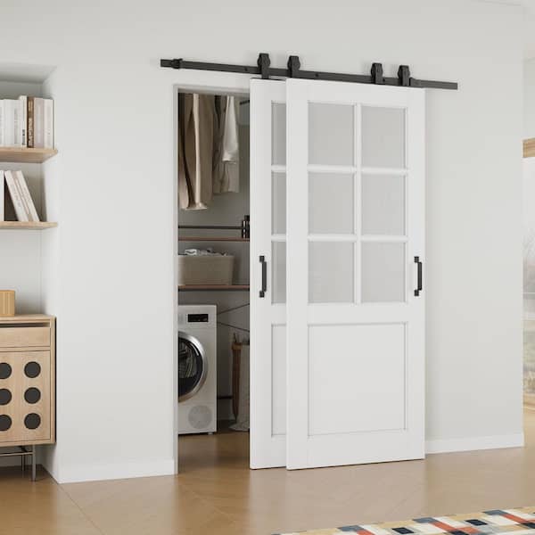 EH PUERTA 56 in. x 80 in. (Double 32 in. ) 6-Lite Frosted Glass White Primed MDF Sliding Barn Door with Hardware Kit Bypass