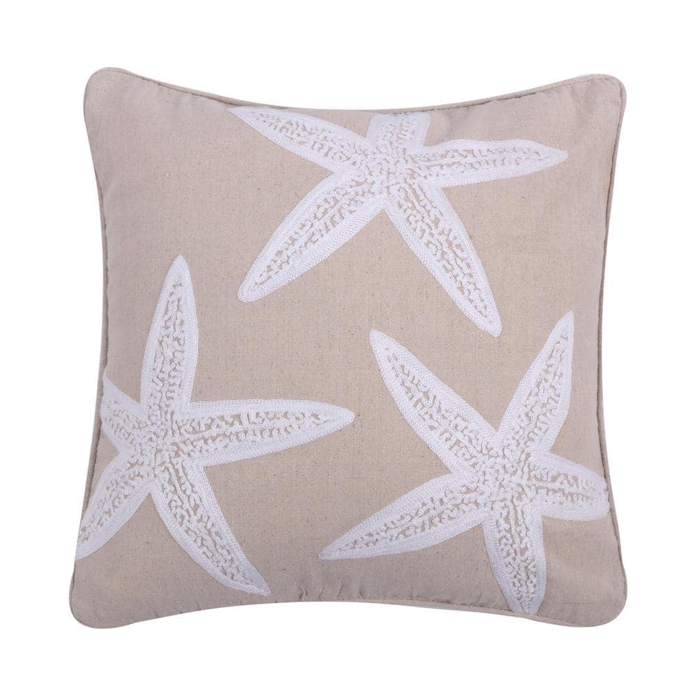 LEVTEX HOME Stone Harbor White and Natural Beige Starfish Embroidered 18  in. x 18 in. Throw Pillow L10510BP-G - The Home Depot