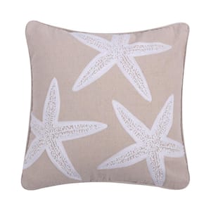 Stone Harbor White and Natural Beige Starfish Embroidered 18 in. x 18 in. Throw Pillow