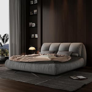 High End Gray Wood Frame King Size Upholstered Platform Bed with Oversize Headboard, Thickened Slats, Pleating Bed Body