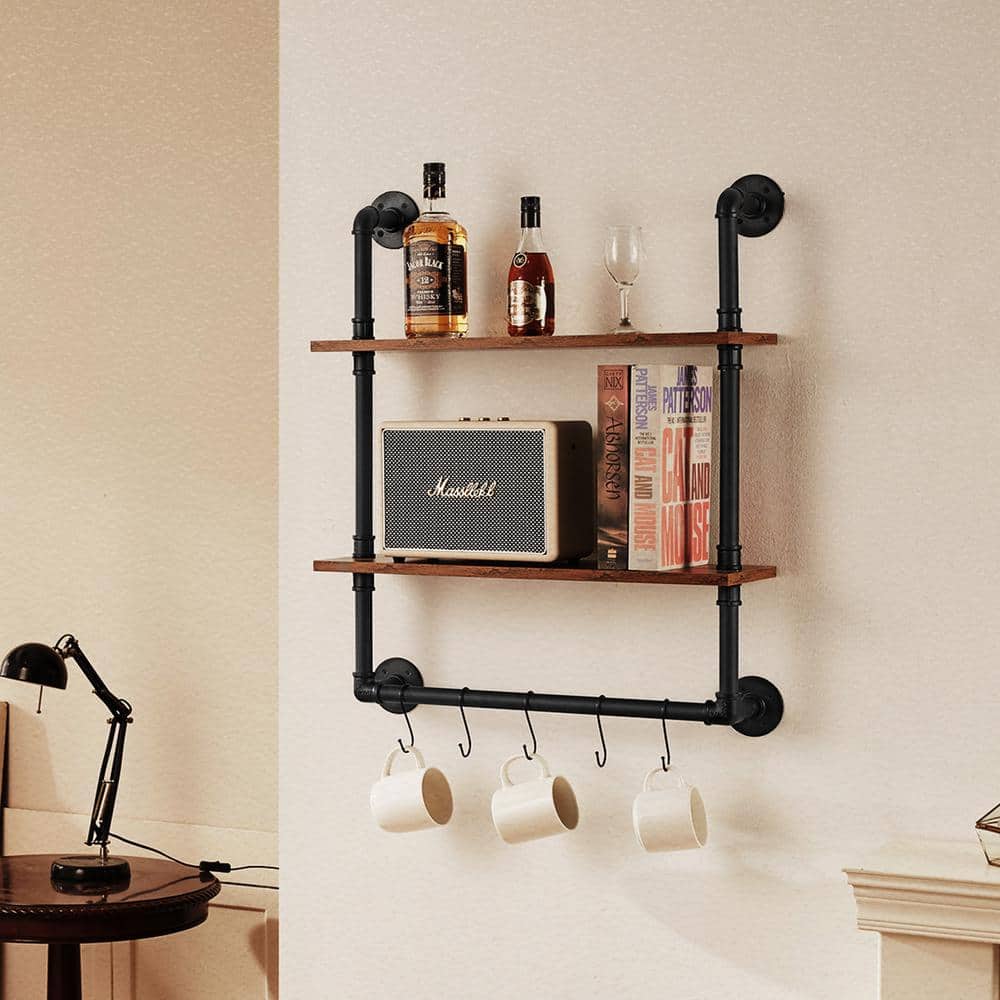 Black and Brown Industrial Steel and Wood Wall-Mount Accent Shelf