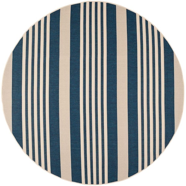 Courtyard Navy/Beige 10 ft. x 10 ft. Striped Indoor/Outdoor Round Area Rug