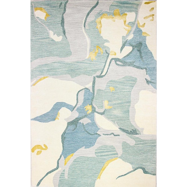 BASHIAN Greenwich Ivory/Aqua 4 ft. x 6 ft. (3'9" x 5'9") Abstract Contemporary Accent Rug