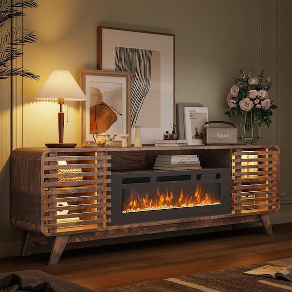 70 in. Freestanding Engineered Wood Electric Fireplace TV Stand in Brown