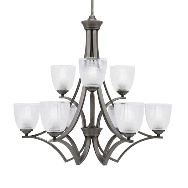 Unbranded Clevelend 9-Light Graphite Chandelier, Round Chandelier with 5 in. Clear Ribbed Glass Shades, No bulbs included