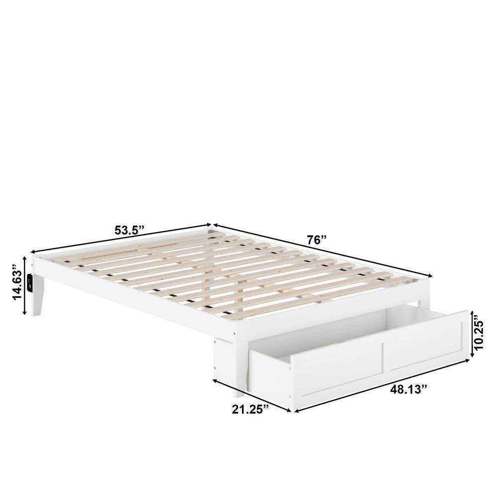 White Full Wood Platform Bed with Storage Drawer and USB Charger