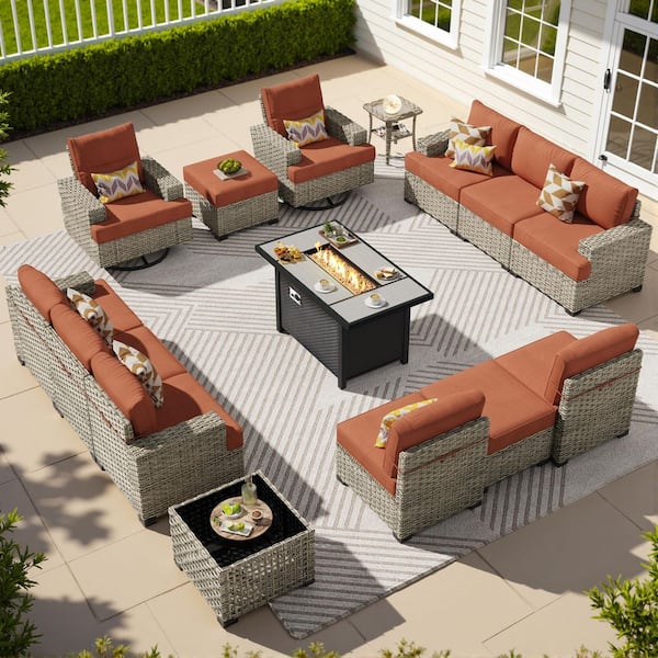 Verdantia 15 Pieces Wicker Rectangular Fire Pit Sets and Swivel Rocking Chairs with Orange Red Cushion