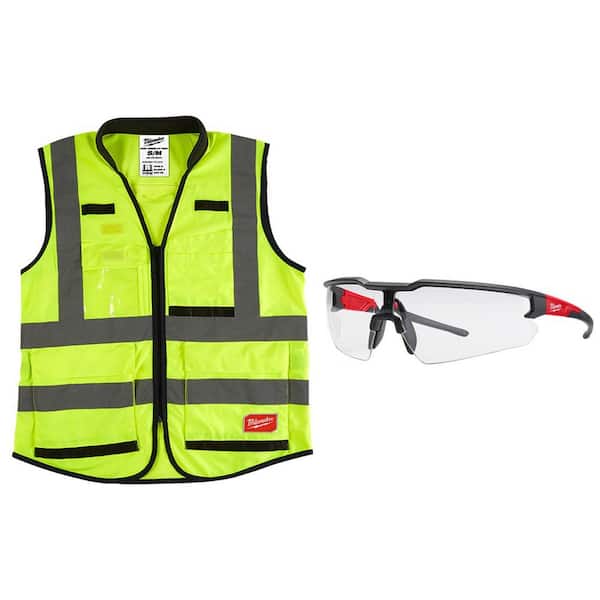Milwaukee Premium Small/Medium Yellow Class 2 High Visibility Safety Vest with 15 Pockets and Clear Anti Scratch Safety Glasses