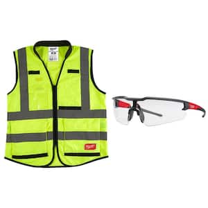 Premium Large/X-Large Yellow Class 2 High Visibility Safety Vest with 15 Pockets and Clear Anti Scratch Safety Glasses