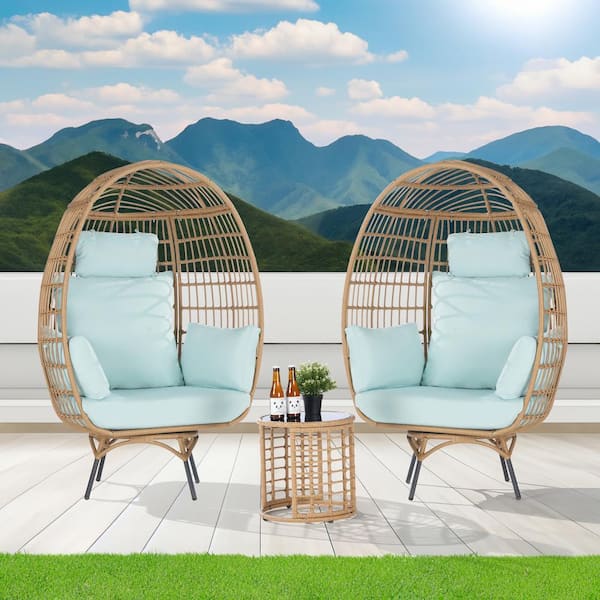 SANSTAR 3-Piece Patio Wicker Swivel Outdoor Bistro Set with Side Table, Oversized Egg Chair with Tiffany Blue Cushions