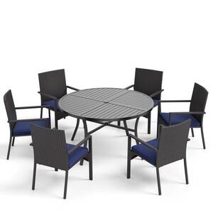 Black 7-Piece Metal Round Patio Outdoor Dining Set with Rattan Chair with Blue Cushions