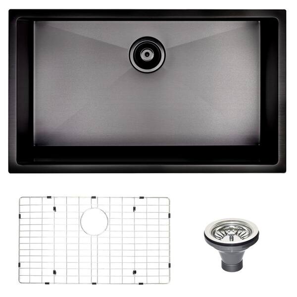 ANGELES HOME 30 in. Undermount Single Bowl 18 Gauge Black Stainless Steel Kitchen Sink with Bottom Grids, Drainer