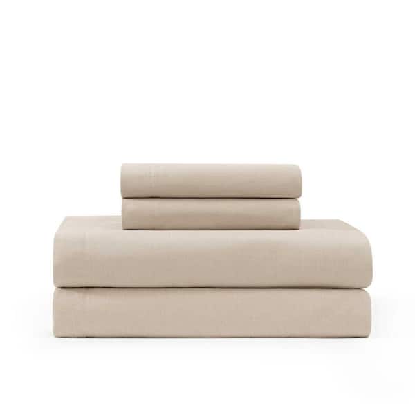 Tommy Hilfiger Solid 3-Piece Khaki Beige Cotton Twin Sheet Set