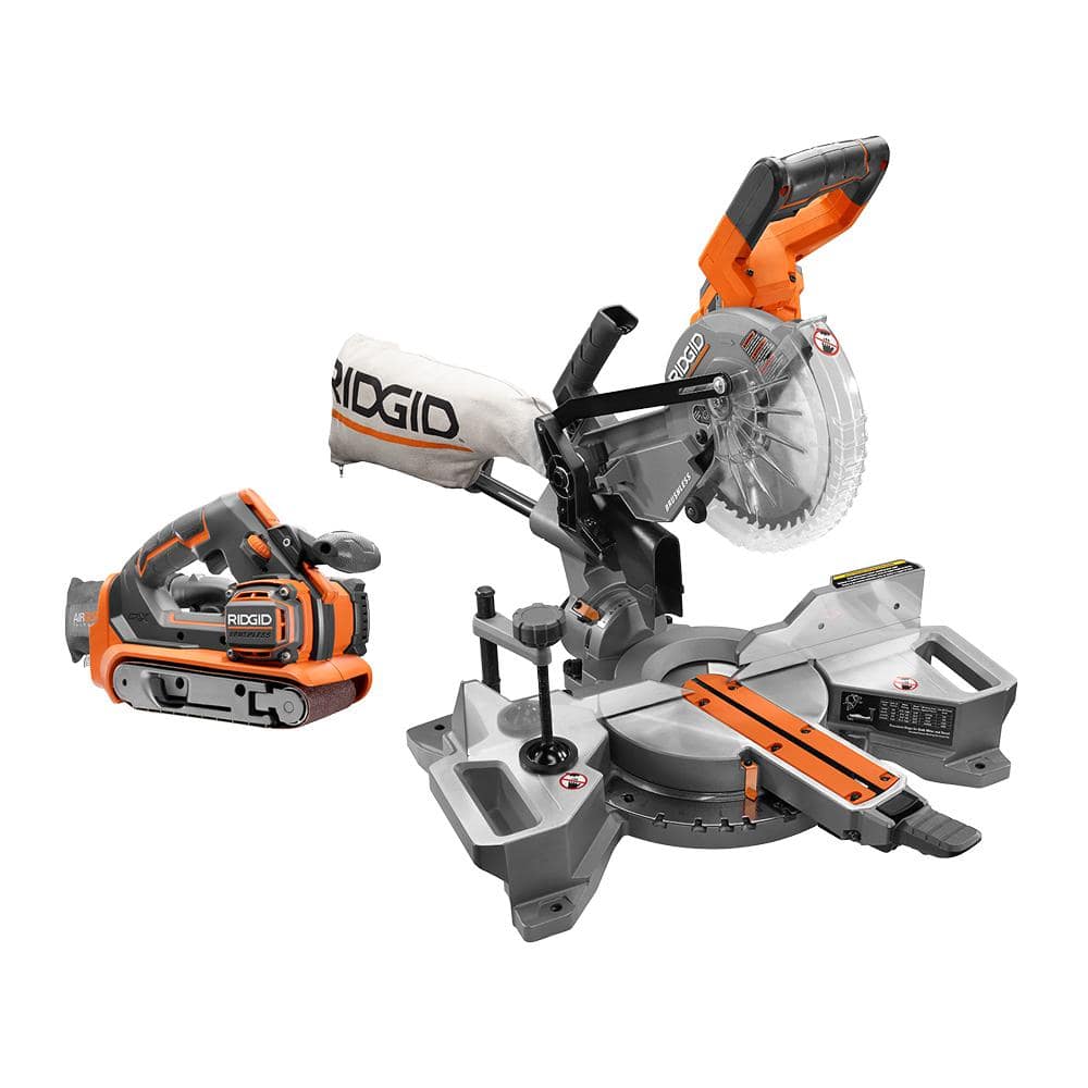 RIDGID 18V Brushless Cordless 2-Tool Combo Kit with 7-1/4 in. Dual Bevel Sliding Miter Saw and Belt Sander (Tools Only) -  R48607-R86065