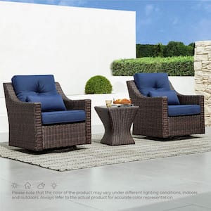 Thaddeus 3 Pieces Brown Fabric Rocking Wicker Swivel Arm Chairs and Side Table  with Blue Cushions for Outdoor & Indoor