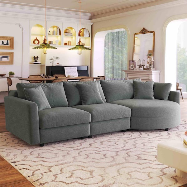 111.4 in. Square Arm Polyester Sectional Sofa with 3-Pillows and Curved Seat in Gray