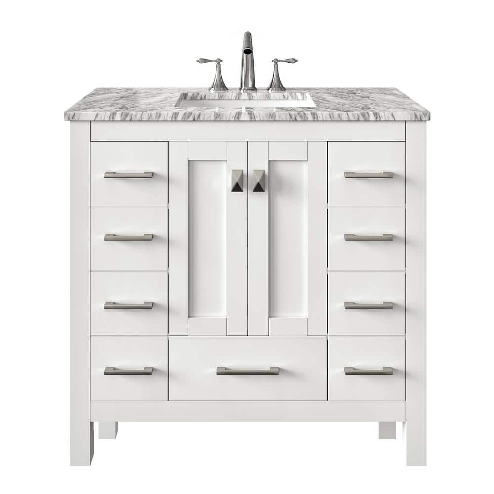 Hampton 36" White Solid Wood Bathroom Vanity with Carrara Marble Top