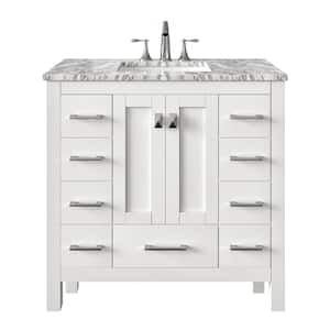 Hampton 36 in. W x 22 in. D x 34 in. H Bathroom Vanity in White with White Carrara Marble Top with White Sink