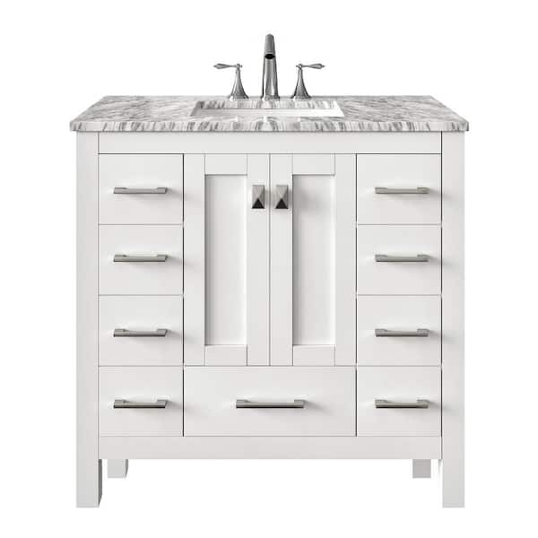 Hampton 36 in. Single Sink White Bath Vanity with White Carrara Marble Top (Assembled)