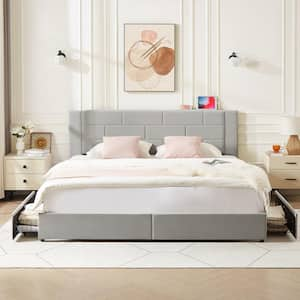 Upholstered Bed Light Gray Metal Frame King Platform Bed with USB Charging, Drawers & No Boxspring Needed, Easy Assembly