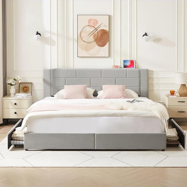 VECELO Upholstered Bed Light Gray Metal Frame King Platform Bed with USB Charging, Drawers & No Boxspring Needed, Easy Assembly