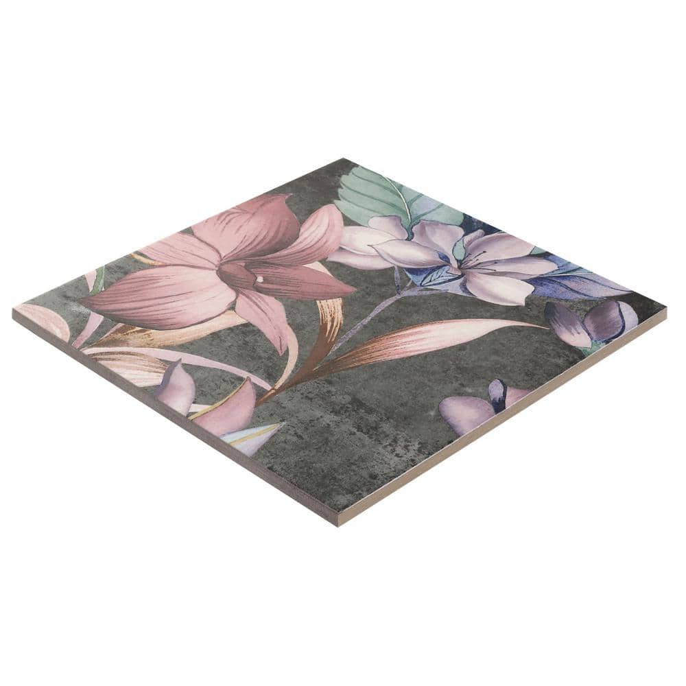 Angela Harris 8" x 8" Pink and Gray Porcelain Floral Wall Tile