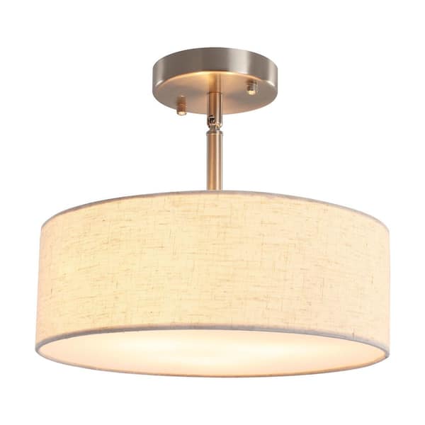 12.6 in. 3-Light Nickel Farmhouse Drum Semi-Flush Mount Light with Linen Cover