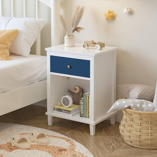 Rex Modern White and Navy 1-Drawer MDF Wood Nightstand with Open Shelf and Golden Handle
