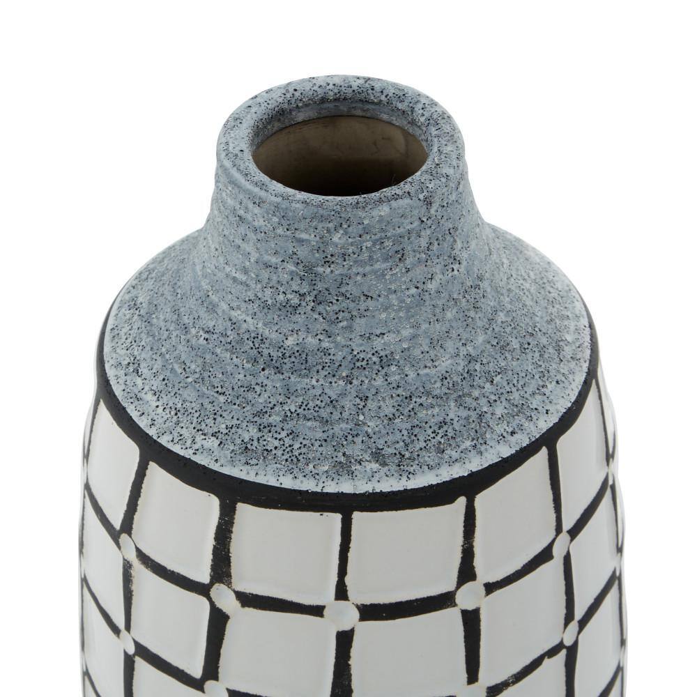 Coastal Charm White Ceramic Vase Duo with Grid Pattern