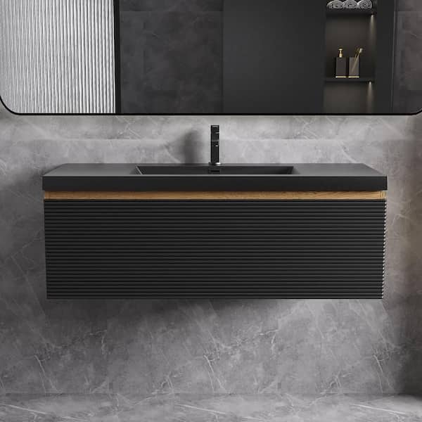 Opvande 48 in. W x 20 in. D x 16 in. H Single Floating Bathroom Vanity with Black Quartz Sand Top in Natural Oak Assembled