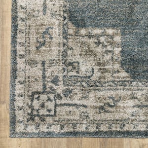 Blue and Beige 3 ft. x 5 ft. Oriental Power Loom Stain Resistant Area Rug