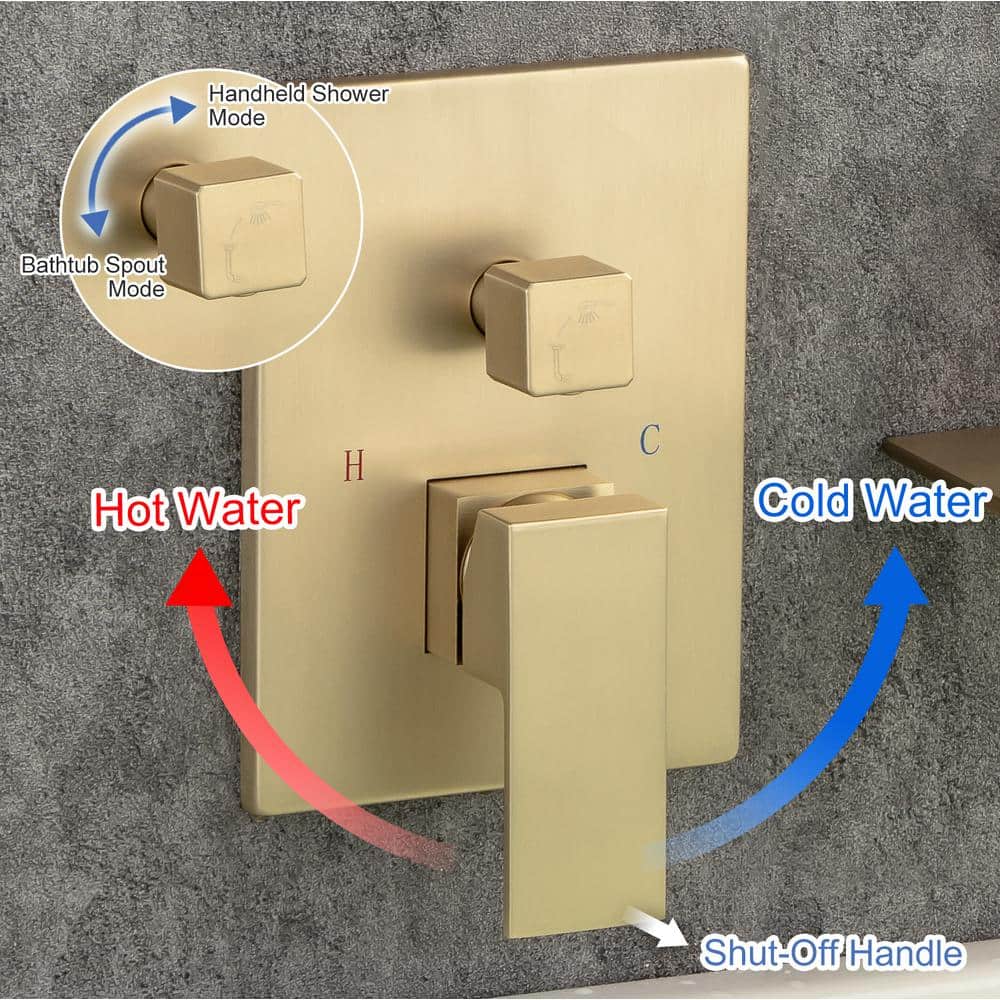 Brushed Gold Wall Mount Waterfall Tub Faucet with Hand Shower