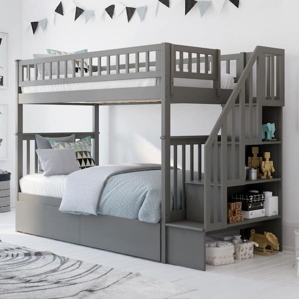 AFI Woodland Staircase Bunk Bed Twin over Twin with 2 Urban Bed Drawers in Grey