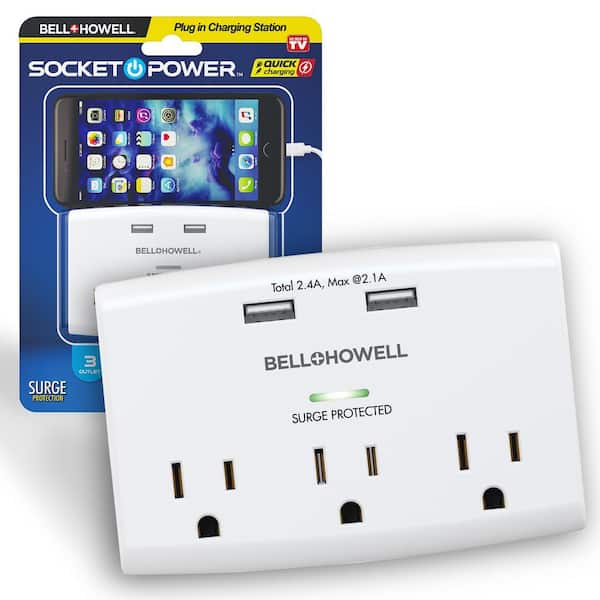 Socket Power 3 Power-Outlets/2 USB Ports Surge Protection Wall Adapter Tap with Docking Shelf