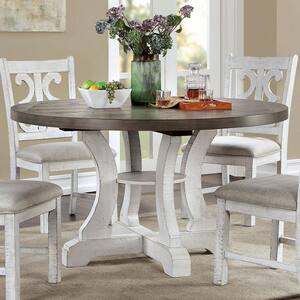 Wicks Distressed White and Gray Wood Round 54 in. Pedestal Dining Table (Seats 4)