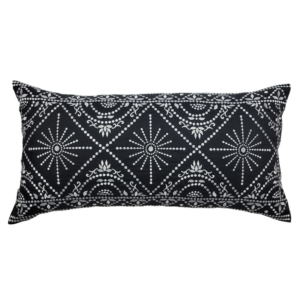 Black/White Embroidered Tile Oblong Indoor/Outdoor 15 x 30 Decorative Pillo