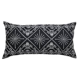 Black/White Embroidered Tile Oblong Indoor/Outdoor 15 x 30 Decorative Pillow