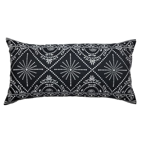 Unbranded Black/White Embroidered Tile Oblong Indoor/Outdoor 15 x 30 Decorative Pillow