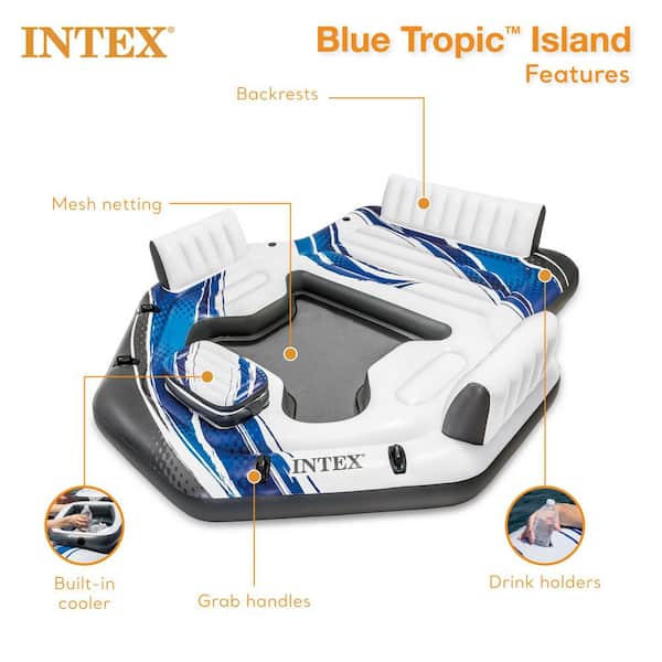 Blue Tropic PVC Inflatable Lake Island Water Float with Cooler and Cupholders