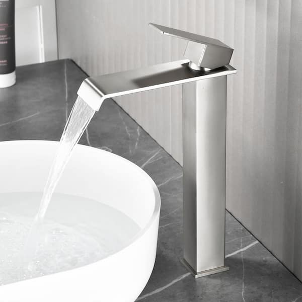 High Arc Single Handle Single Hole Bathroom Faucet with Drain Kit Included in Nickel