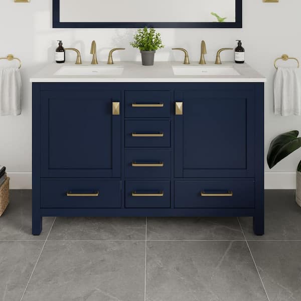 Aberdeen 48 in. Double Sink Blue Bath Vanity with White Carrara Quartz Top (Assembled)