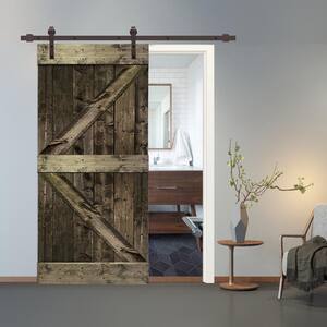 Distressed K 42 in. x 84 in. Espresso Stained Solid Knotty Pine Wood Interior Sliding Barn Door with Hardware Kit